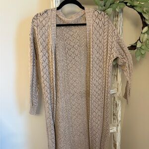SHEIN Taupe Open-Front Pointelle Knit Cardigan